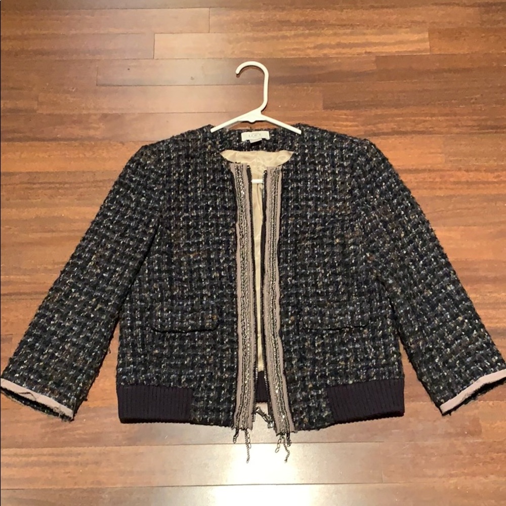 Navy/gray Tweed zip up Blazer w/ chain link detail